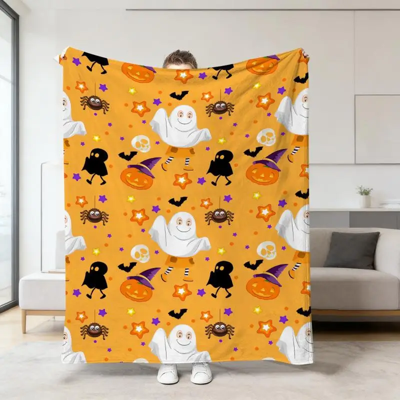 Halloween-Orange-Deckenbezug mit Cartoon-Geister- und Totenkopf-Druck, Flanell-Schlafdecke, Sofabezüge, Multifunktionale Dekorative Decken – Detail 9