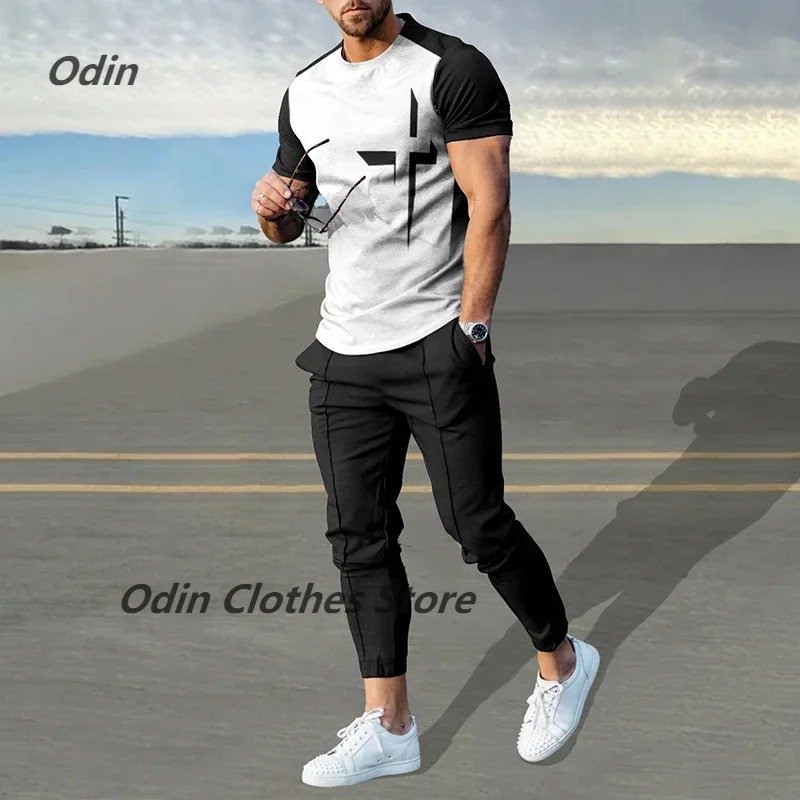 New Men Fashion Sportswear Set Men\'s Streetwear Short Sleeve T Shirt+Long Pants 2 Piece Trousers Tracksuit For Male Clothing