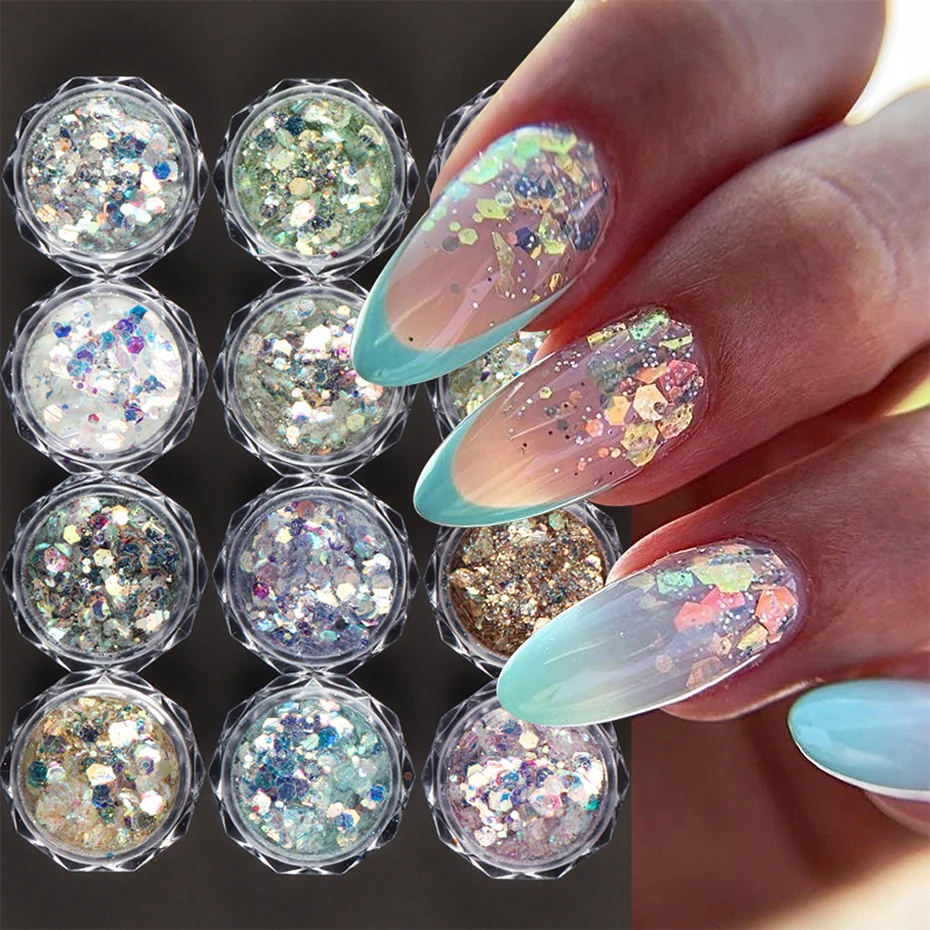 12 pièces sirène brillant hexagone Nail Art paillettes paillettes holographique poudre à ongles mixte Laser chatoyant manucure décoration fournitures