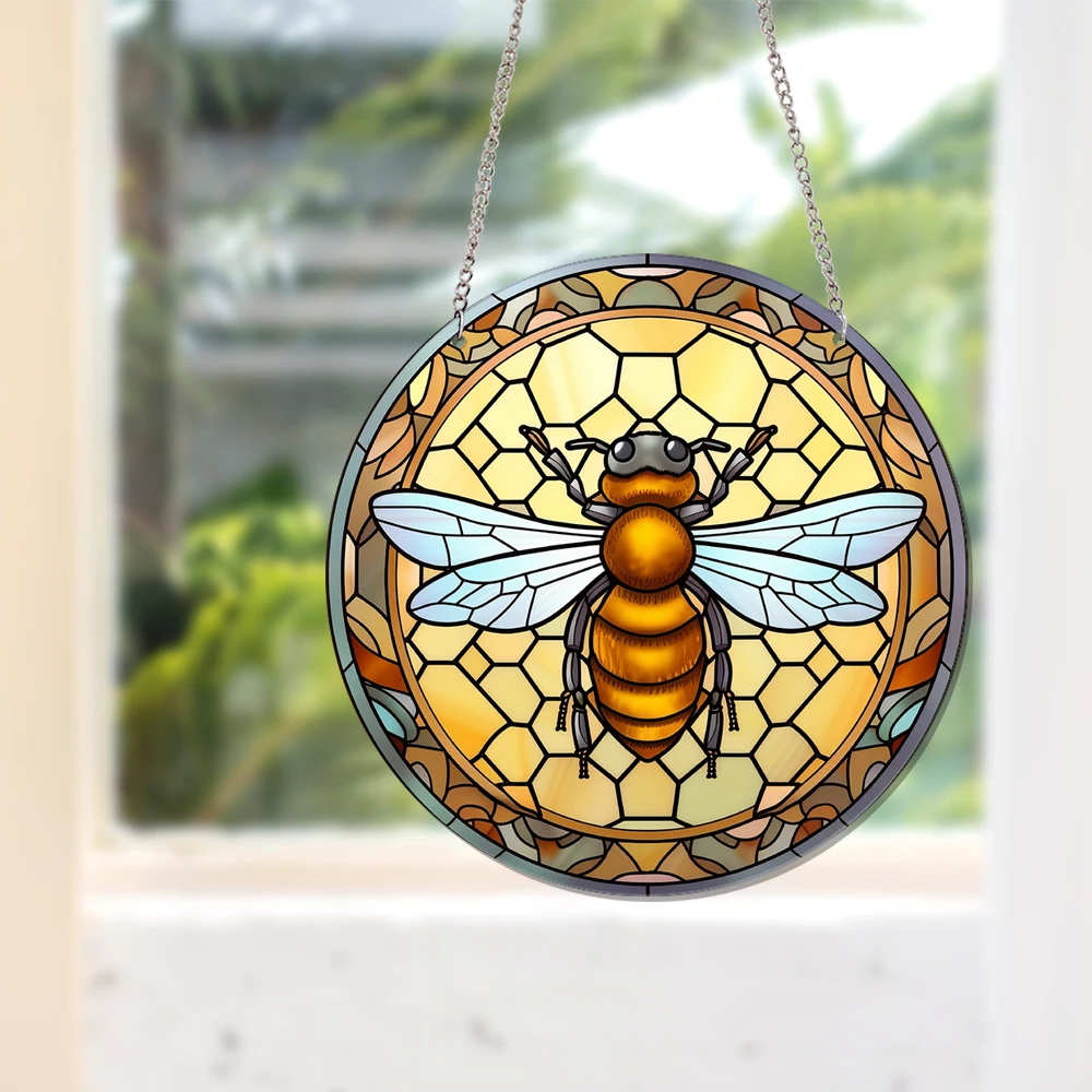 1 pc nice gird Bee Stained Acrylic Window Hanging Catcher Nature Scene Suncatcher Home Decoration