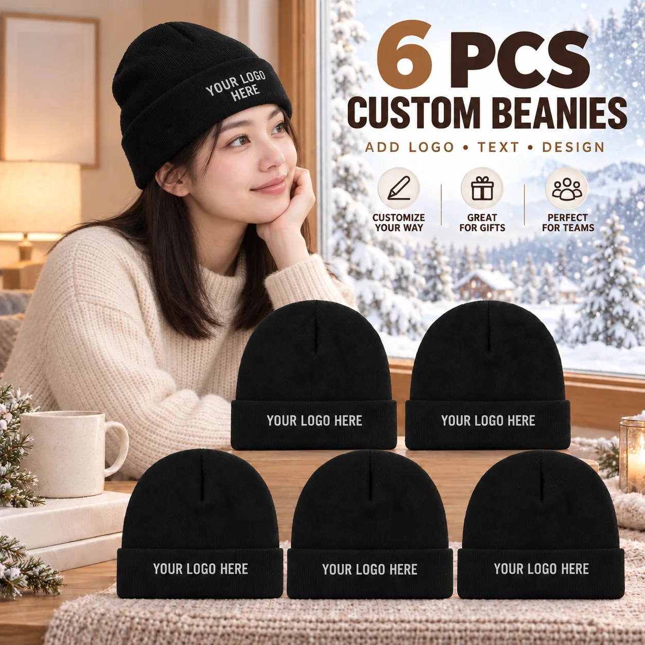 Baseball Cap Fitted - 6 bonnets tricotés personnalisés avec logo/texte