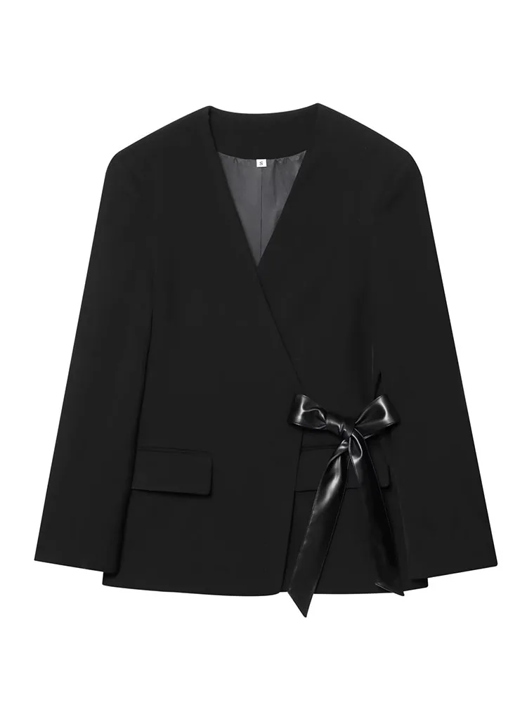 

HH Woman Fashion V-Neck Shoulders Pocket Long Sleeves Ribbon Bow Decoration Blazer Coat Female Elegant Casual Slim Fit Jacket