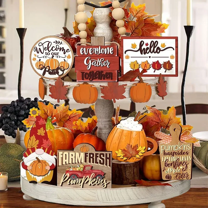 Thanksgiving Day Wooden Desktop Ornament Table Decoration Fall Harvest Tiered Tray Decor Pumpkin Maple Leaf Accents Farmhouse