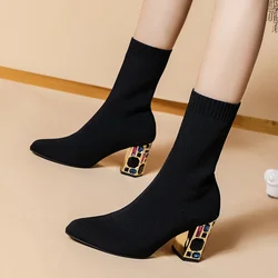 Women's Boots TGHDOF Fabric High Heel Autumn Sock Boots Women Fashion Zipper Pumps Pointed Toe Slip on  Zapatos Para Mujer