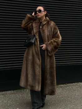 Image Dark Brown Faux Fur Long Overcoat For Women Fashion Lapel Single Breasted Loose Fluffy Plush Warm Coat Winter Thicken Outerwear