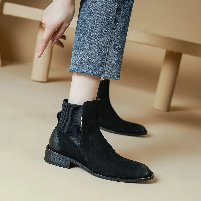 2024 nowe damskie jesienne botki buty z okrągłym noskiem na obcasie prawdziwa skóra Retro buty zimowe dla kobiet zwięzłe Chelsea Boots