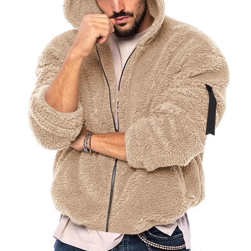 Men\'s Winter Zipper Fleece Hooded Jacket Vintage Casual Streetwear Loose Solid Color Hoodie with Pockets Leisure Fashion Coat