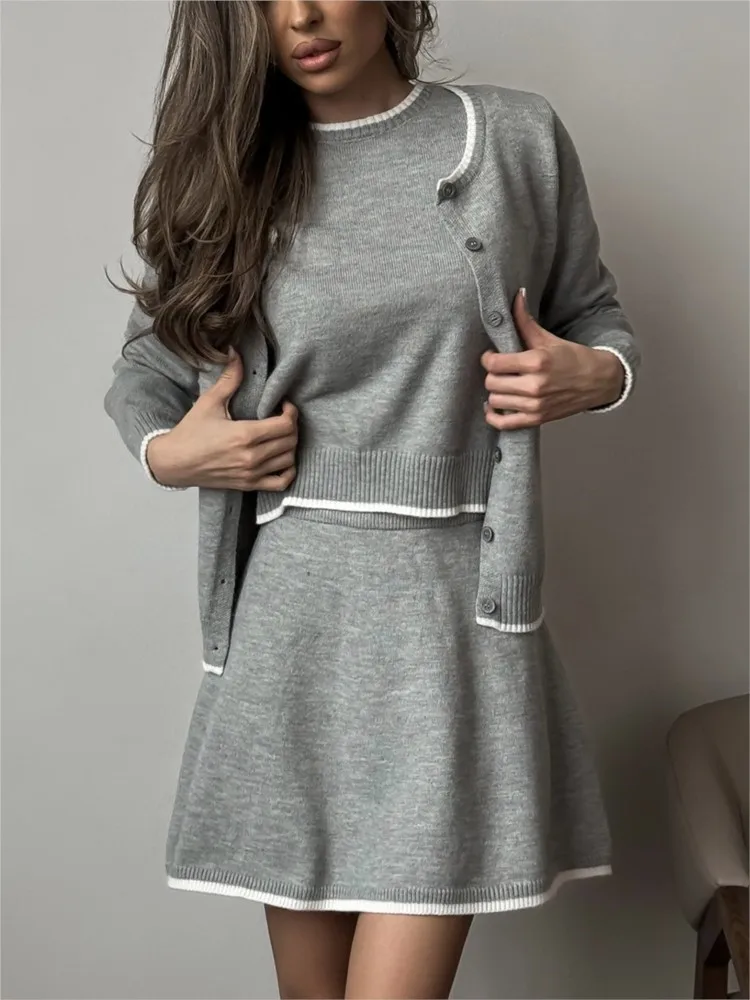 

Fashion Chic Short Skirt + Button Jacket + Short Sleeve T-shirt Three Piece Set Patchwork Winter Autumn Women Clothing 2025 New
