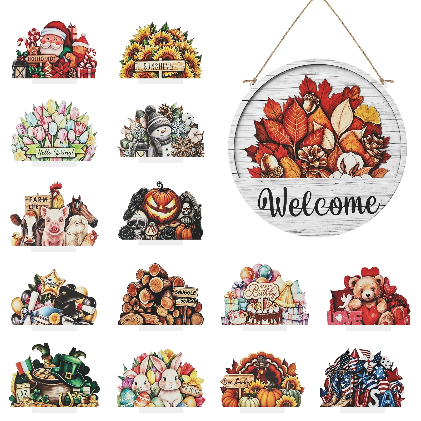 11.8'' Interchangeable Door Sign Wooden Welcome Sign with Magnetic Accessories Seasonal Door Signs for Farmhouse Wall Decoration