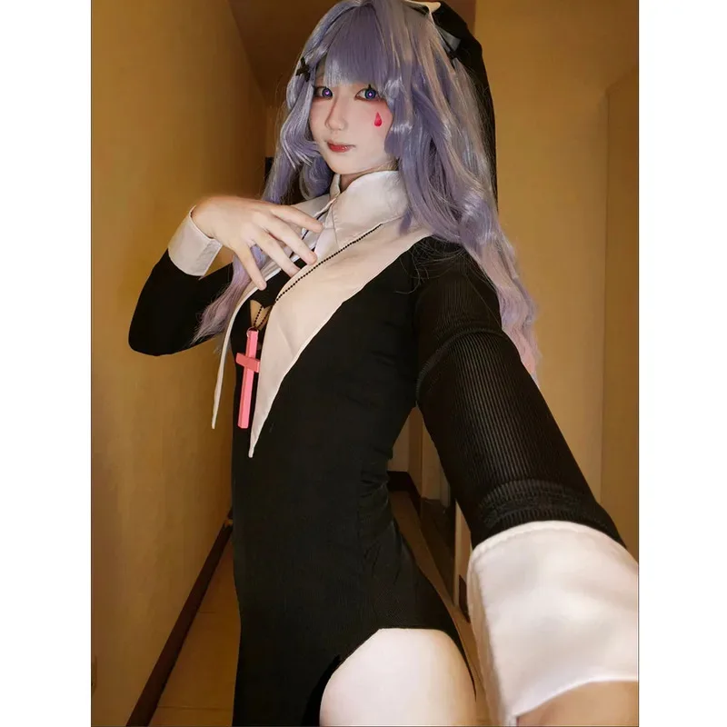 AIAI 2025 미쿠 토끼공간 수녀 검정 롱 드레스 (헤드스카프 & 목걸이 포함) 여성 소녀 섹시 코스프레 의상 가발 할로윈 파티