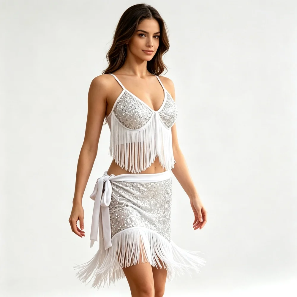 CLYFAN Women 2Pcs Sequin Fringe Dance Suit Spaghetti Strap Crop Top Wrap Skirt Latin Belly Dance Performance Party Club Costume