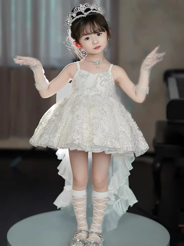 

White Flower Girl Sling Dresses Wedding Beading Sequin Bow Birthday Ball Dress Exquisite Luxury Kids Tail Performance Gown