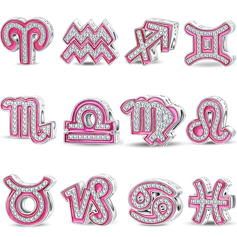 New 925 Sterling Silver 12 Zodiac Shining Princess Pink Lucky Charms Beads Fit Pandora 925 Original Bracelets DIY Gift Jewelry