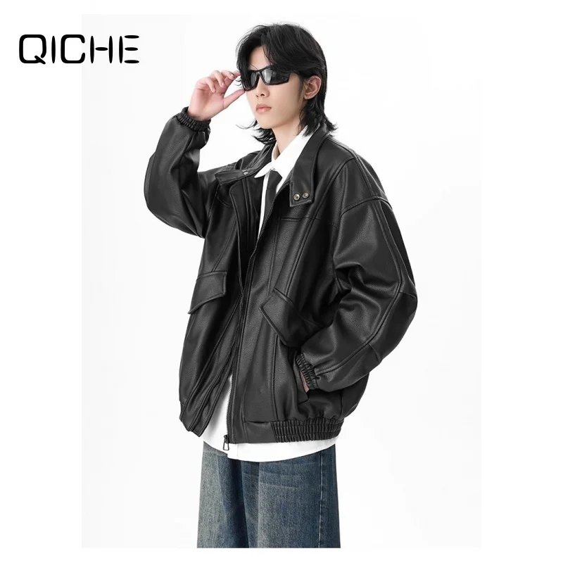QICHE Men American Cleanfit Biker Faux Leather Jacket Sophisticated Minimalist Cool Outerwear For Winter
