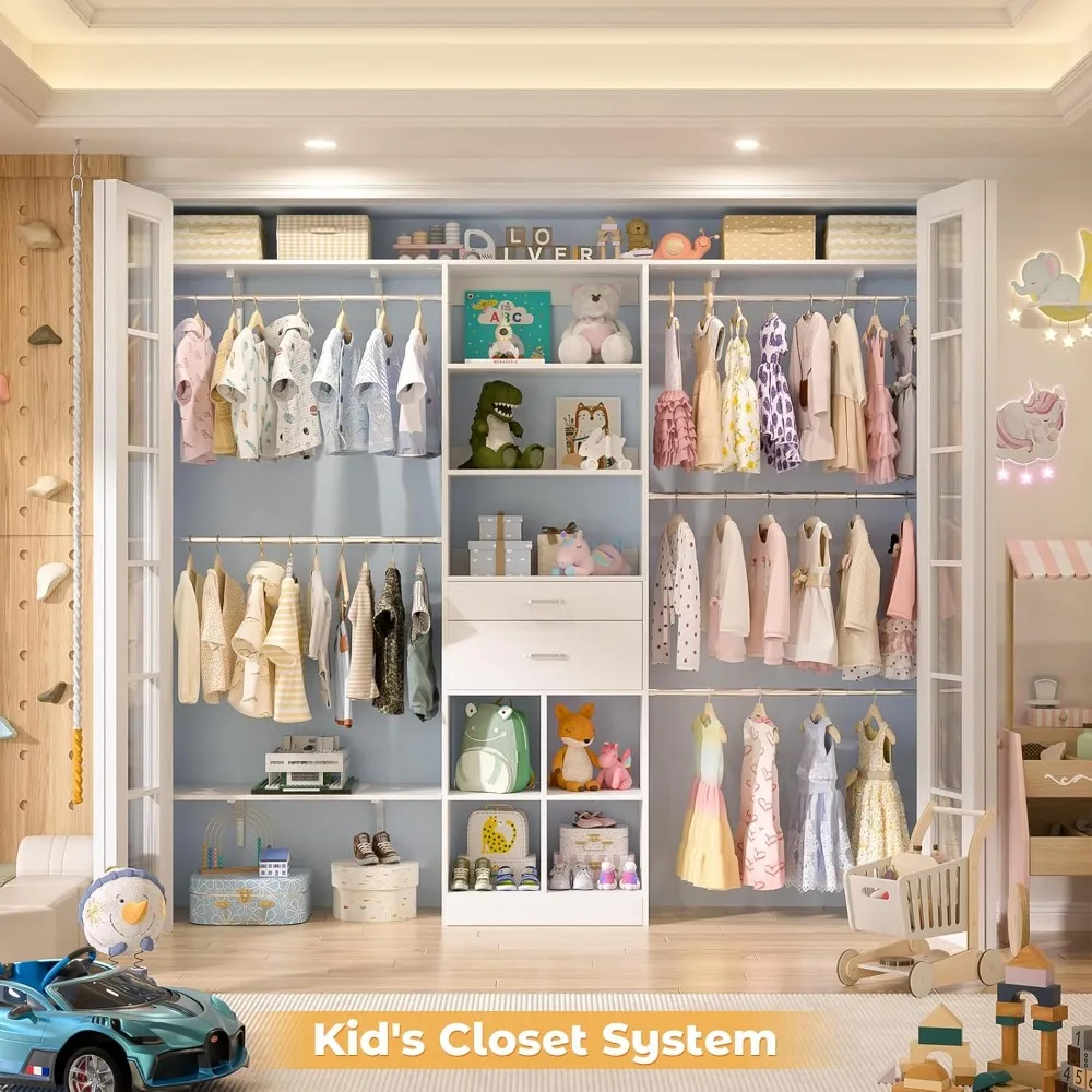 4.75-8FT Closet Organizer with Wooden Drawers & Cube Storage Organizer, Up To 96" Closet Systems for Nursery & Walk-In Closets