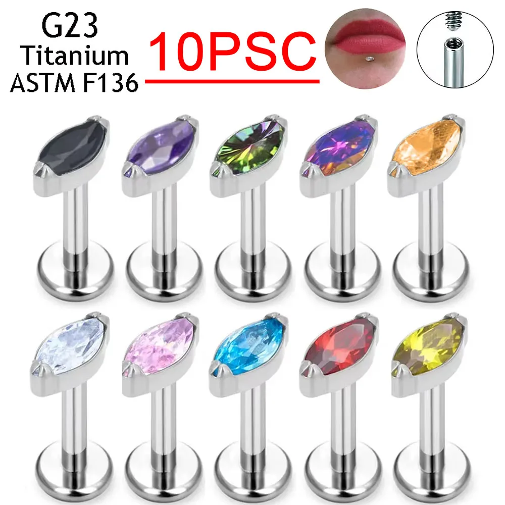 

10PSC G23 Titanium Labret Lip Piercing 16G 18G Nose RingTragus Marquise CZ Helix Cartilage Conch Earring Piercing Body Jewelry