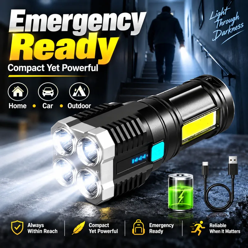 Outdoor Outdoor 4 Core LED Flashlight Rechargeable Torch COB Side Flood Light Power Display Indicator USB Charging Portable Hand Lamp - Aliexpress Deal