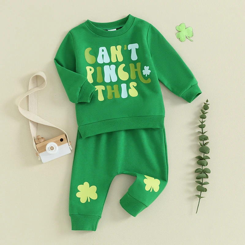 

Baby Pants Set Long Sleeve Crew Neck Letters Print Sweatshirt with Shamrock Print Sweatpants Holiday Outfit for Girls Boys