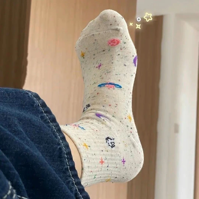 1-3pairs Lovely Moon Stars Pattern Socks Women Harajuku Creative Streetwear Black Beige Long Sock Planet Space Tube Meias