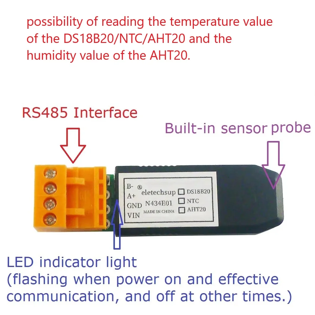

N434E01 DS18B20/NTC/AHT20 Modbus RTU RS485 Temp Humidity Sensor for PLC Touch Panel Industrial/Agricultural Use