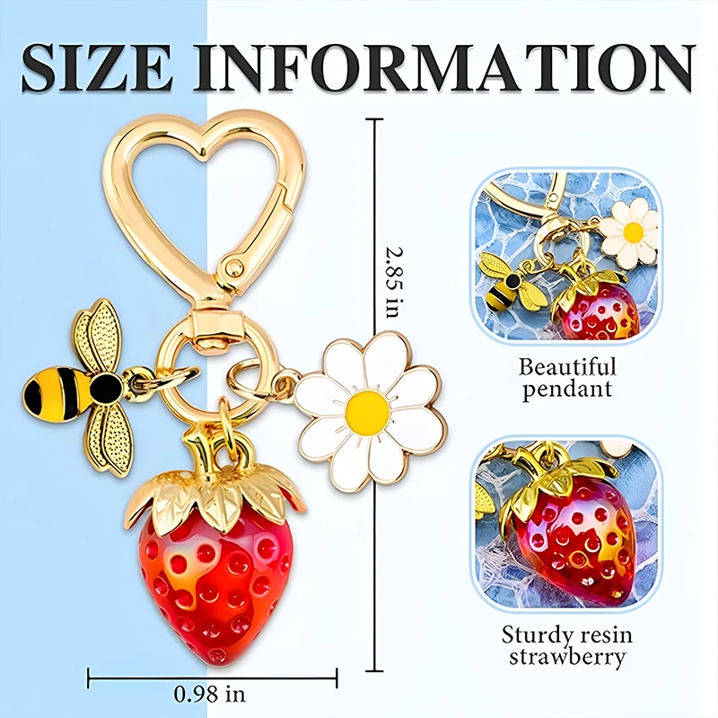 Cute Strawberry Keychain Bag Charm Women Kawaii Flower Car Keyring Handbag Wallet Accessories Pendant Gift