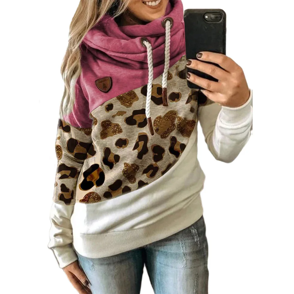 Women Patchwork Hooded Sweatshirt Autumn Winter Leopard Print Harajuku Drawstring Hoodie Casual Long Sleeve Pullover Tops Female