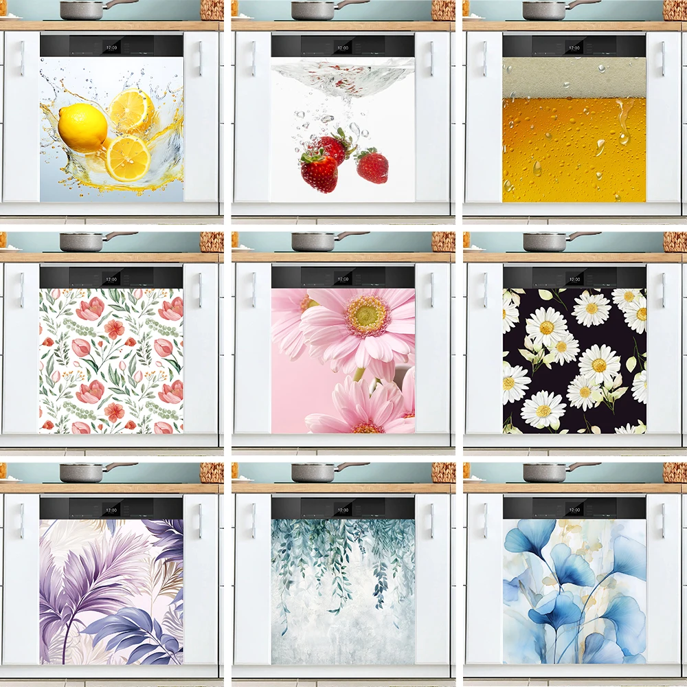 Floral Daisy Mural Dishwasher Sticker Waterproof Vinyl Removable Kitchen Decorations Dishwashing Cabinet Wrapping Cover Decals