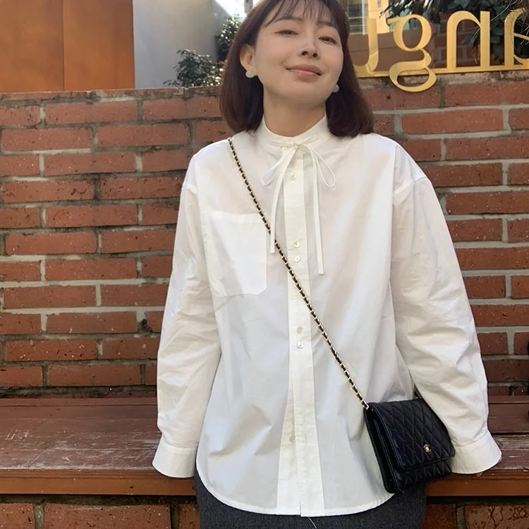 

Женская свободная рубашка с воротником-стойкой и длинными рукавами, повседневная, осенняя новинка, топ с цветными блоками, на пуговицах, полноразмерная