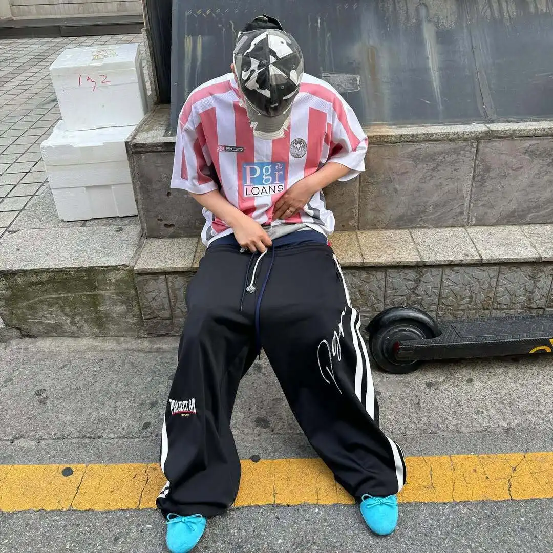 Grailz Project G/R Triple-Stripe Embroidered Relaxed-Fit Sweatpants with Fake Triple-Stripe Design Long Baggy Pants
