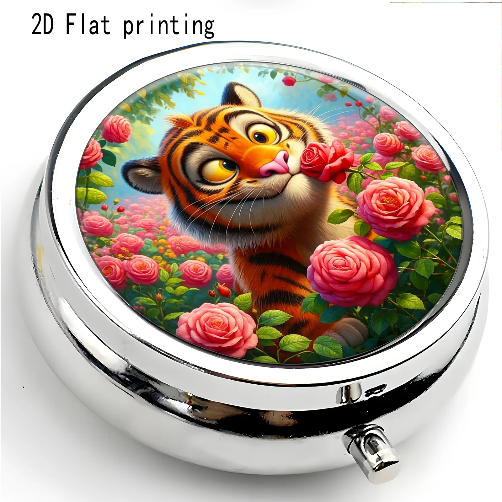 A tiger stripe and rose pattern design, bright and natural style, flat print pattern, box, travel case, portable safety box, sized box, used for storing commonly used medicines, effective