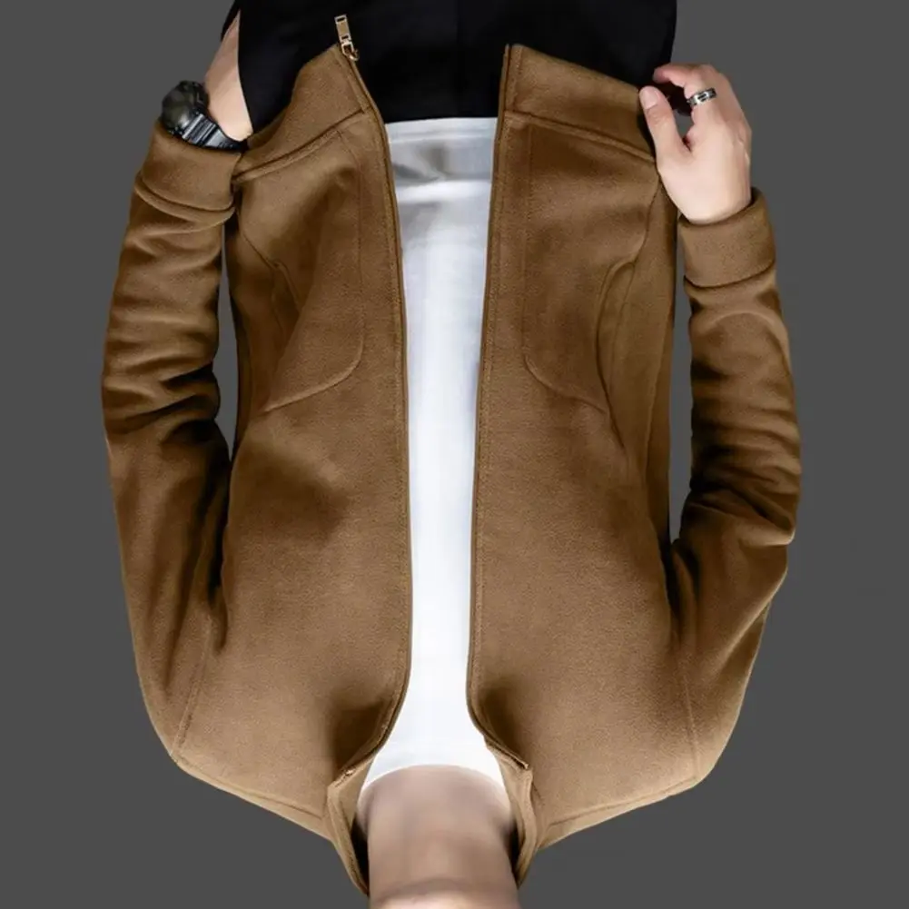 Double-sided Fleece Coat Warm Polar Fleece Jacket Stand-up Collar Long Sleeves Zip-up Mid Length Jacket Men Spring Autumn Coat