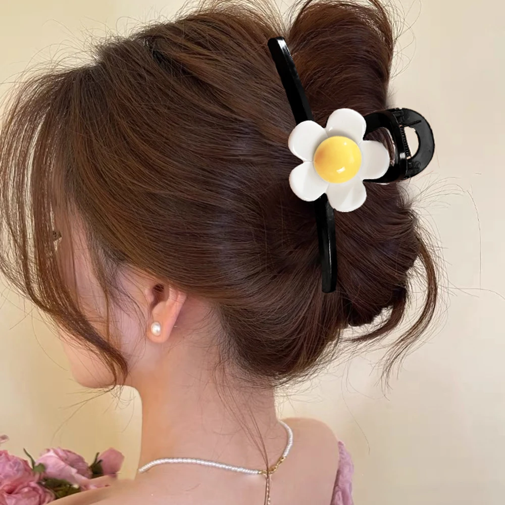 Black Fashion Hair Clip Claw Plastic Opal Flower Hair Clip Women Retro Temperament Shark Clip Crab Claw Accessories Headwear