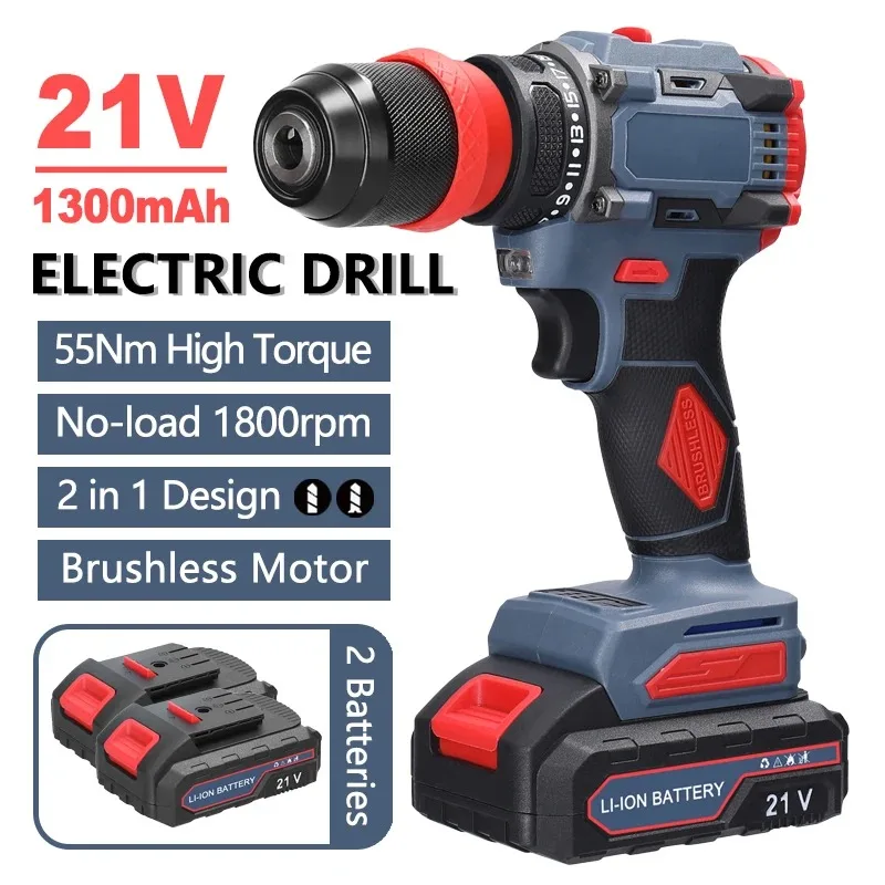 21V 2in1 Lithium Drill Electric Screwdriver Multi-function Power Tool Brushless Motor Practical Screw Driver Repairing Kit