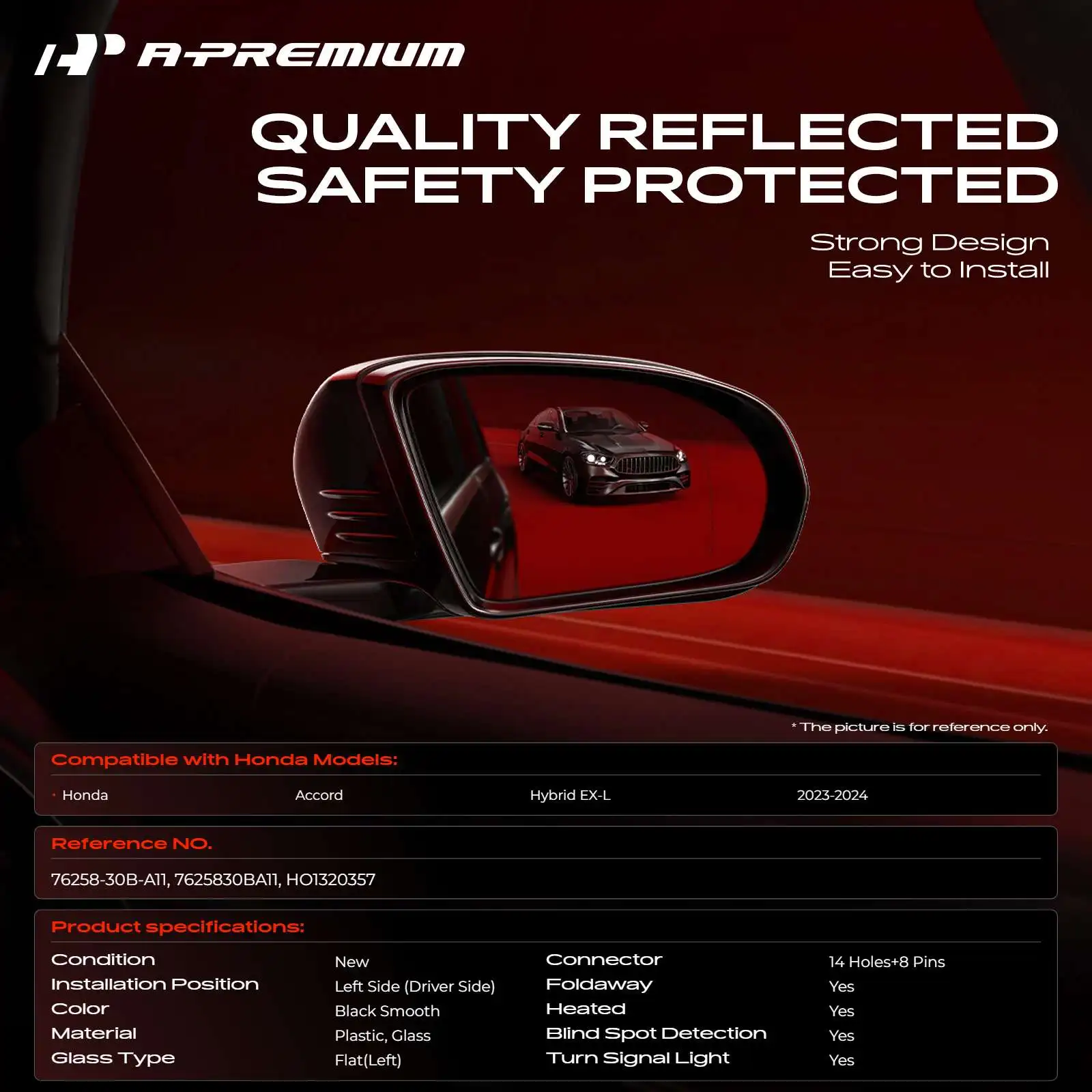 A-Premium Driver Side Power Door Mirror for Honda Accord 2023-2024 Manual Folding Blind Spot Detection Turn Signal Light Heated