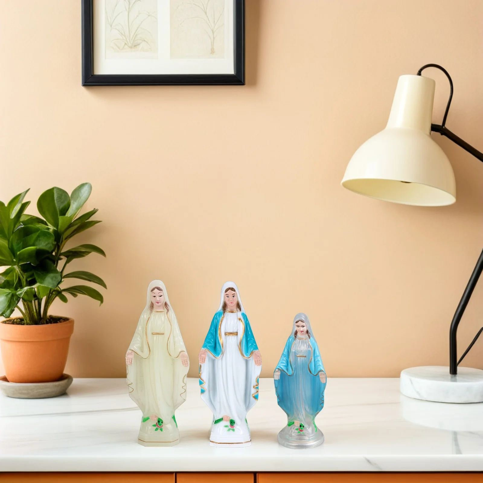 

3Pcs Virgin Mary Statue Plastic Catholicism Ornament Home Decoration Living Room Tabletop Religious Sculpture Mary Ornaments
