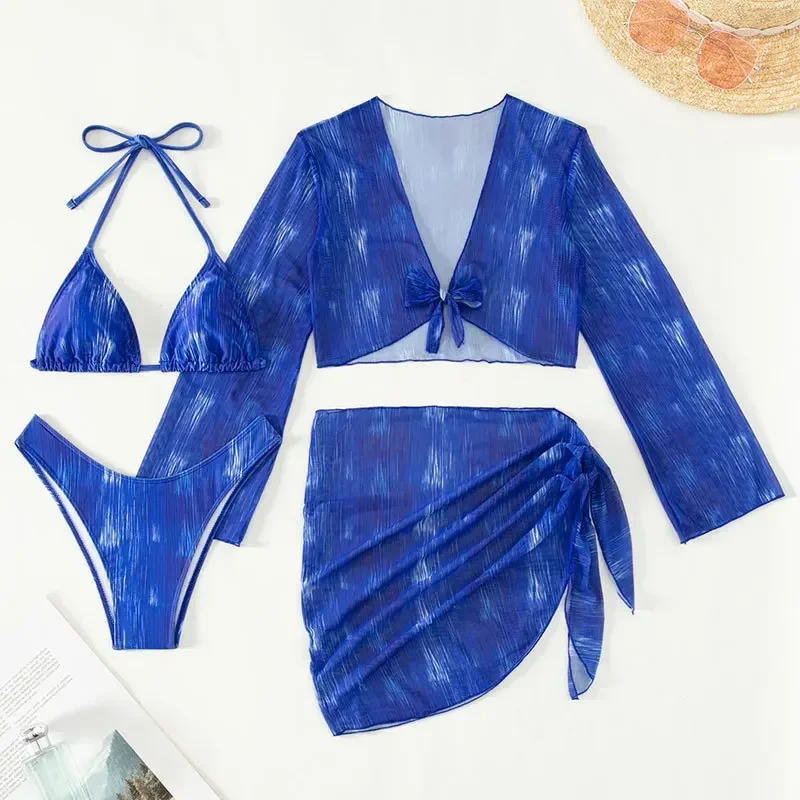 Conjuntos de bikini con estampado teñido anudado sexy, 4 Uds. Con cubierta de malla de manga larga, top y falda, pajarita, traje de baño, traje de baño de cintura alta
