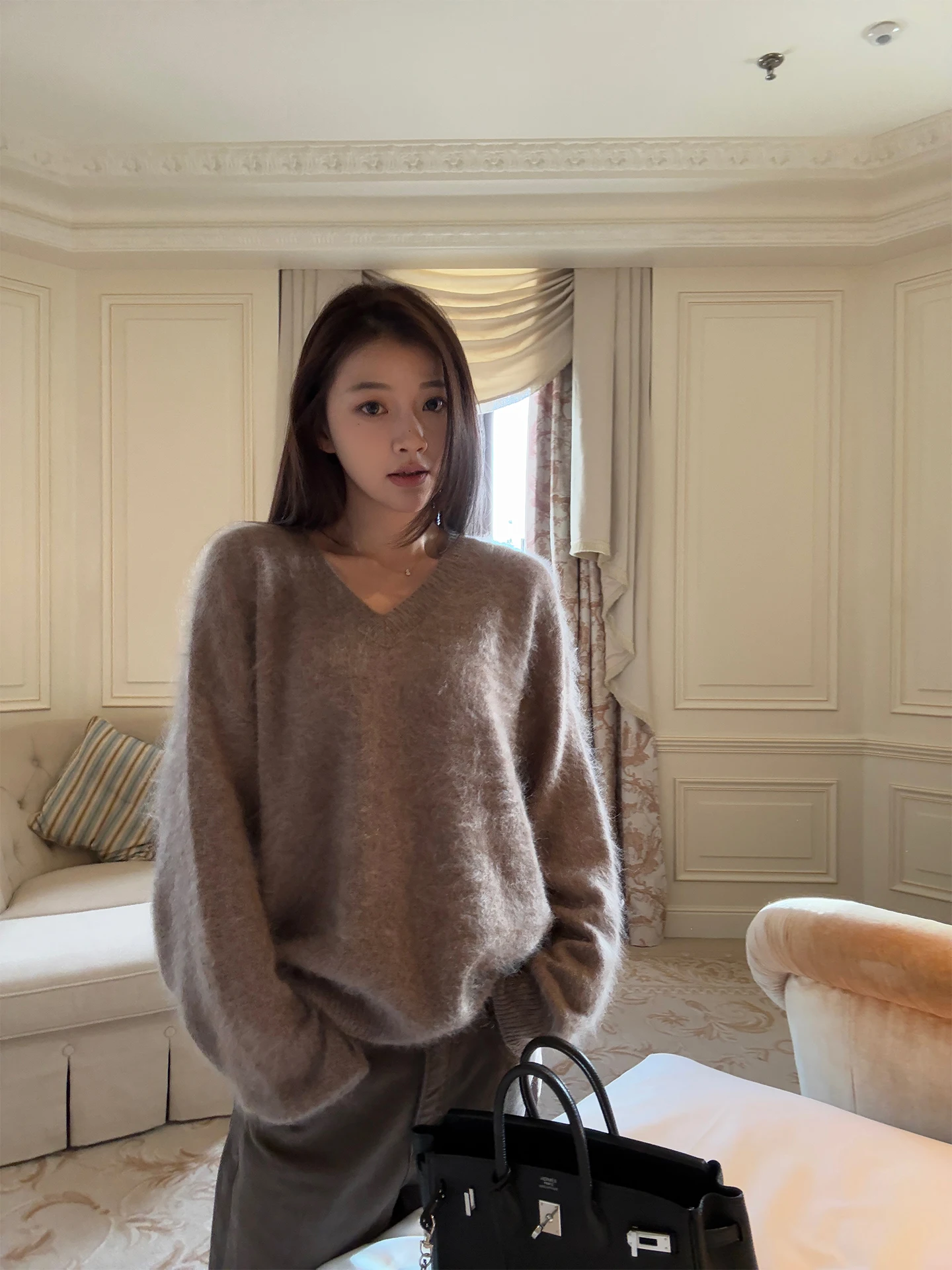 

Warm Fce Yarn Camere Sweater Lightweight Thiened Long Sve V-ne Women's Casual Sle Here Yaya op