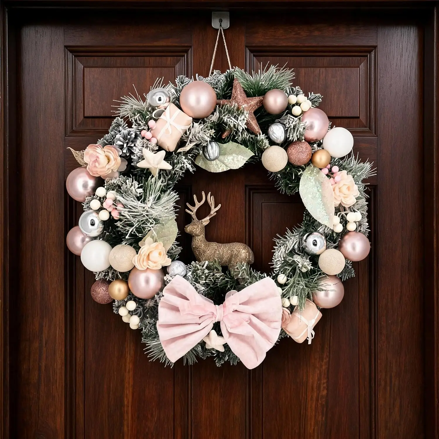 Garvee 24 Inch Christmas Decoration Wreath with Pink Bow & Reindeer Decor Xmas Hanging Prop Outdoor Wedding Garden Party Holiday Home Table Wall Arch DIY Decorations