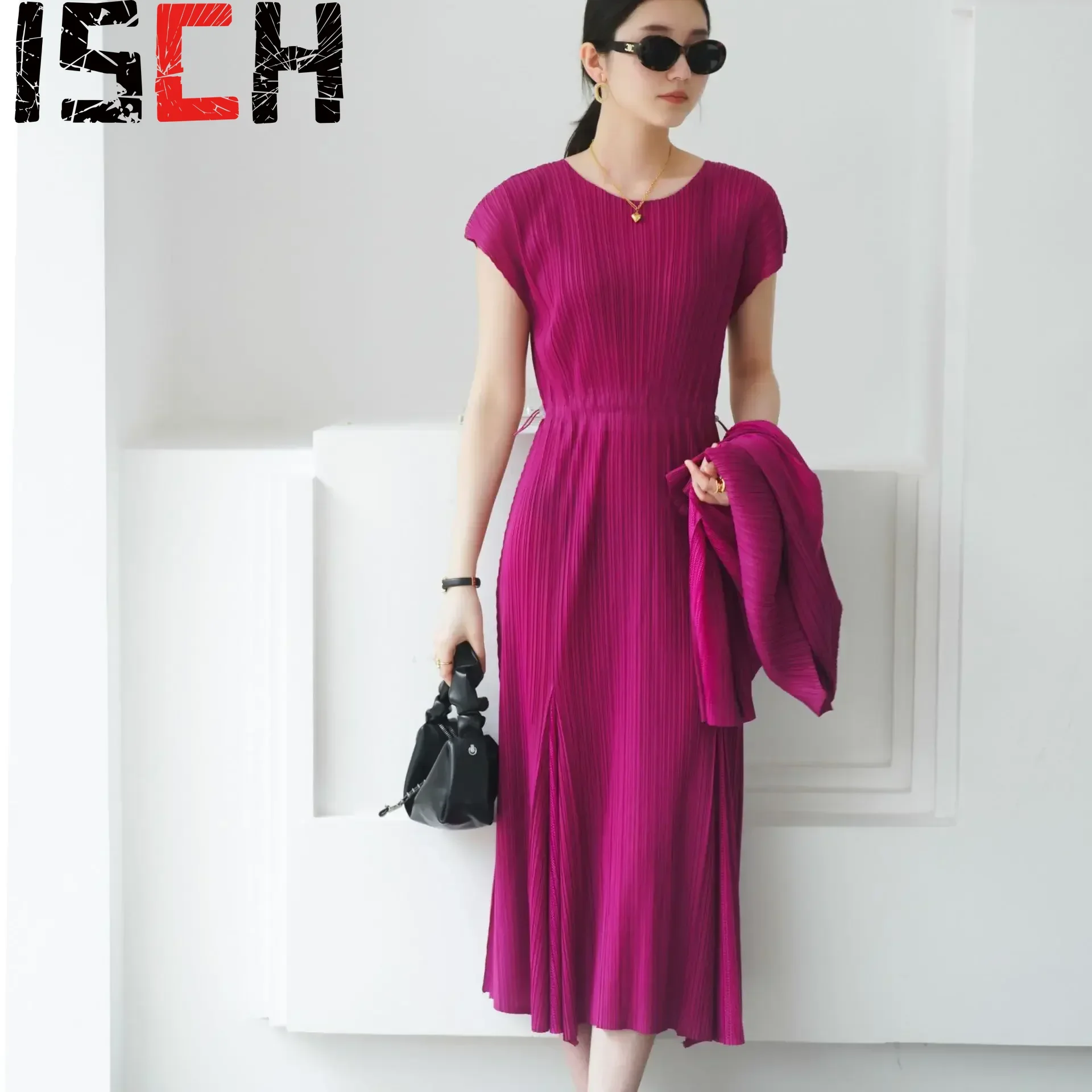 Pleats Pleated Dress Solid Color High Waist Drawstring Round Neck Temperament Long Dress 2024 Autumn Spring New Commuter Dresses