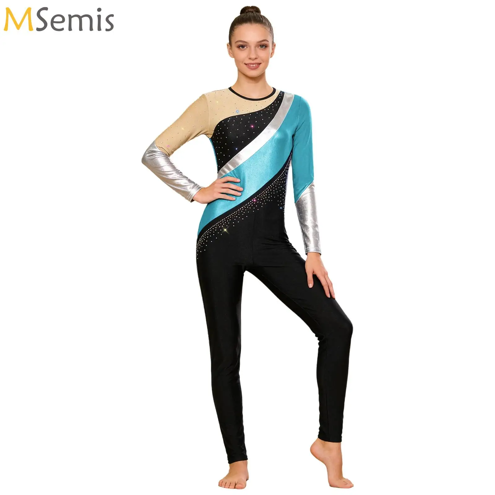 

Womens Acrobatics Gymnastics Unitard Metallic Rhinestones Long Sleeve Long Pants Ballet Dance Jumpsuit for Training Performance