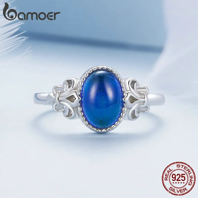 BAMOER-Oval Pedra Emoção Anel, Sólido 925 Sterling Silver, Mudança De Cor Mood Anel, Presente Jóias Finas, BSR454