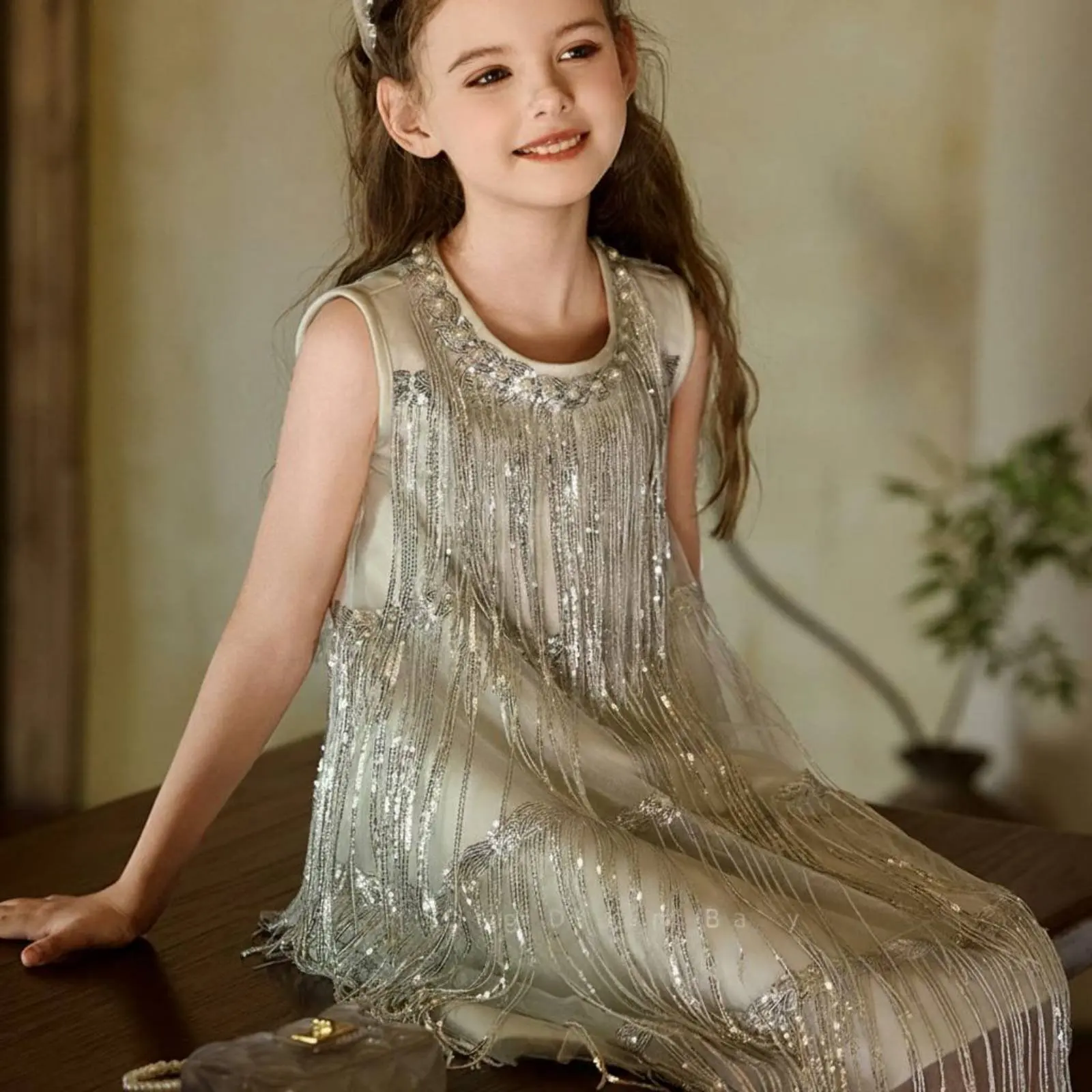 

Sequin Fringe Dress Dressy Look Sequin Tassel Dress Children's Clothing Lightweight Sleeveless for Performance, Daily Wear