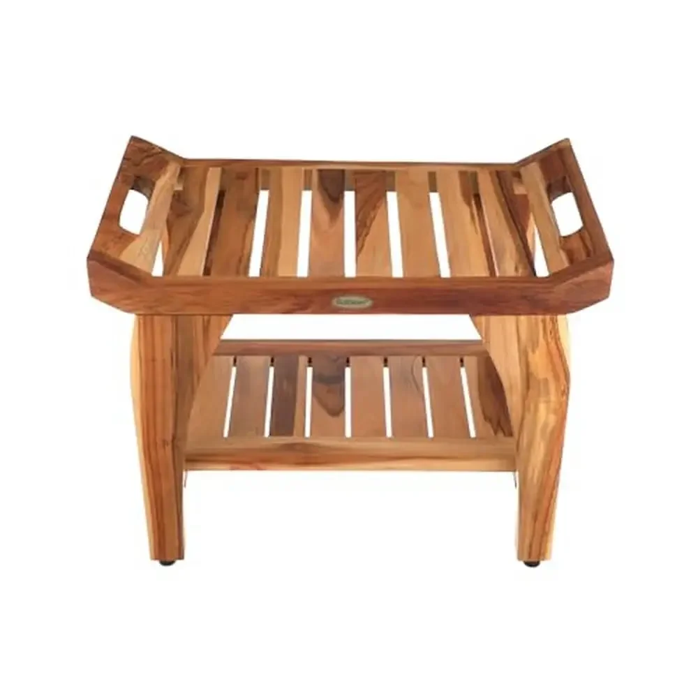 Teak Wood Shower Bench with LiftAide Arms Shelf Bathroom Seat Adjustable Rubber Feet Women Owned Company Crafted 24