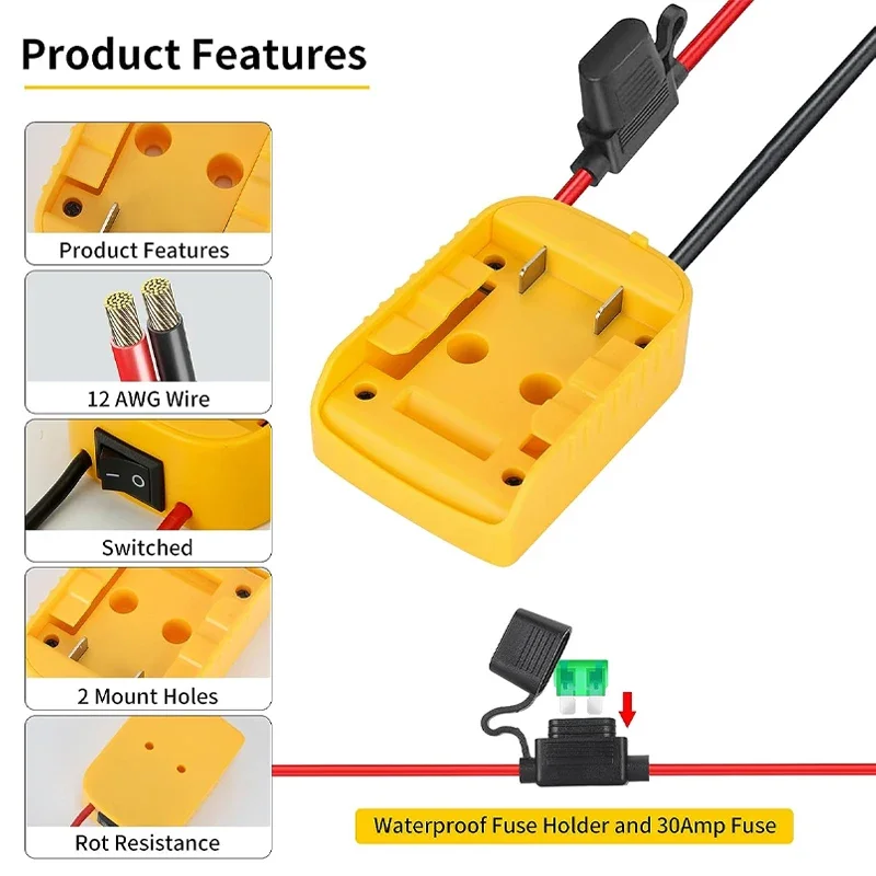 1/2PCS Power Wheels Adapter for Dewalt 18V/20V Lithium Battery,DIY Battery Adapter with ON/OFF Switch 30Amp Fuse Wire Terminals