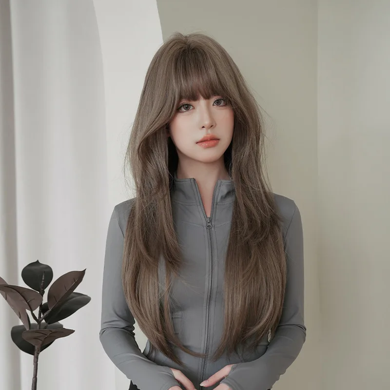 Women's long straight hair with slight waves full head wig, natural synthetic fiber fake hair for internet celebrities
