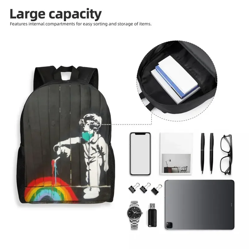 Custom Banksy Rainbow Travel Backpack Men Women School Computer Bookbag Street Art Graffiti College Student Daypack Bags