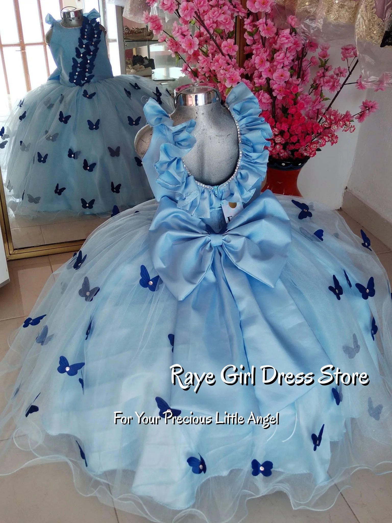 Blue Butterfly Tulle Flower Girl Dress For Wedding Birthday Pageant Formal Gowns A Line Puffy Ruffle Neck Big Bow Gowns