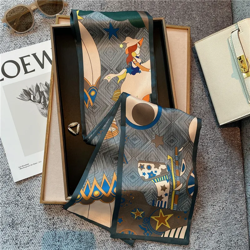 Узкий атласный шелковый шарф с принтом для женщин, 15*145 см, ленты для волос, галстук на шею, пояс, повязка на голову, женские накидки, платок, головной платок, бандана