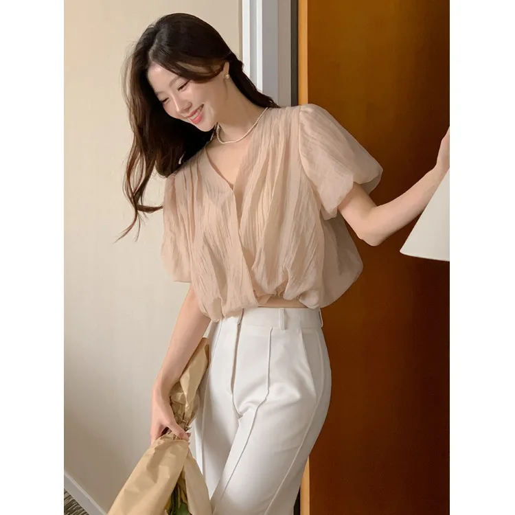 

Элегантная женская блузка в корейском стиле, свободного кроя, из тонкого шелка, с рукавами-фонариками, модная, для весны, осени и зимы