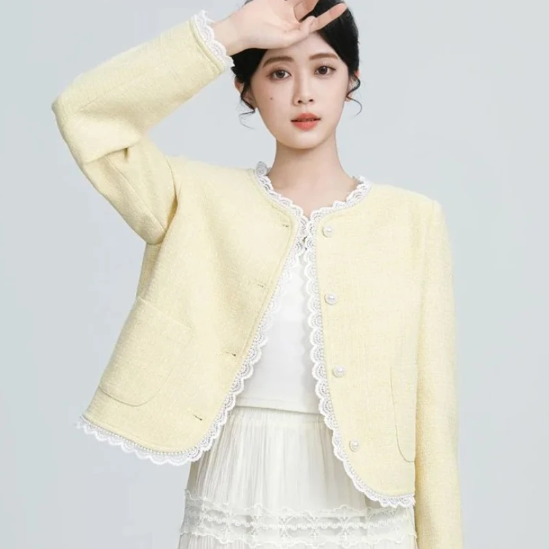 

Elegant Sweet Tweed Jackets Women Vintage Lace Patchwork Short Coat French Retro Casual O Neck Long Sleeve Fall Outwear jacket